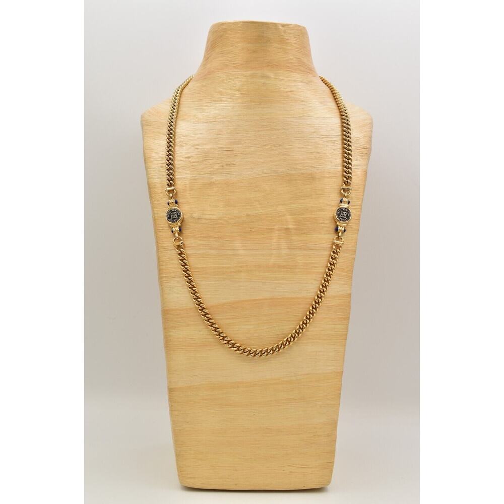Givenchy Vintage Logo Coin Necklace Blue Cabochon Gold Station Chain 1980s BinBJ - Picture 7 of 12